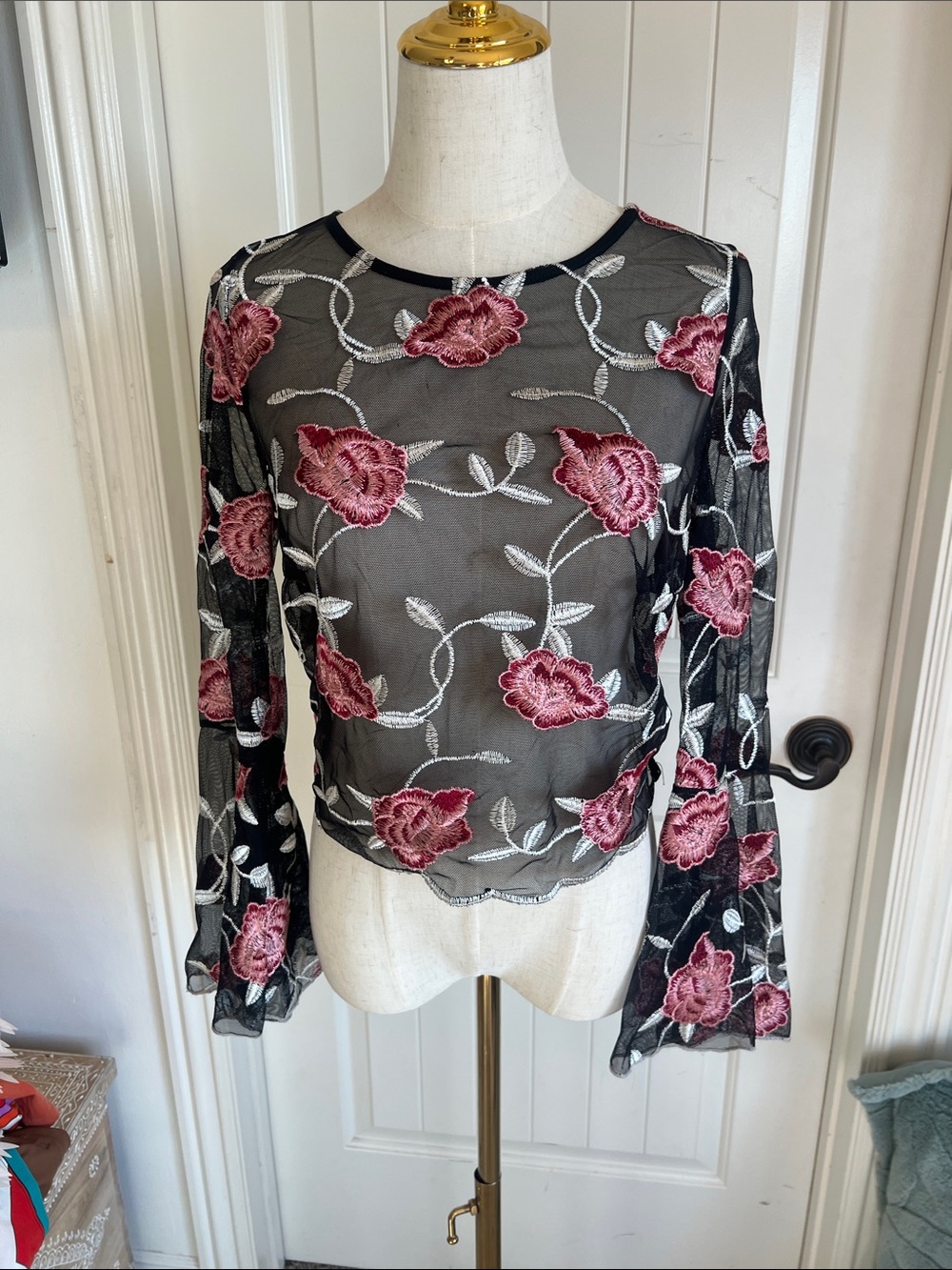 Black Sheer Floral Embroidered Long-Sleeve Blouse with Pink Roses